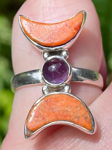 Coral and Amethyst Crescent Moon Ring Size 6 - Morganna’s Treasures 