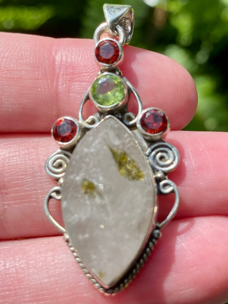 Rough Green Tourmaline in Quartz, Peridot and Garnet Pendant - Morganna’s Treasures 