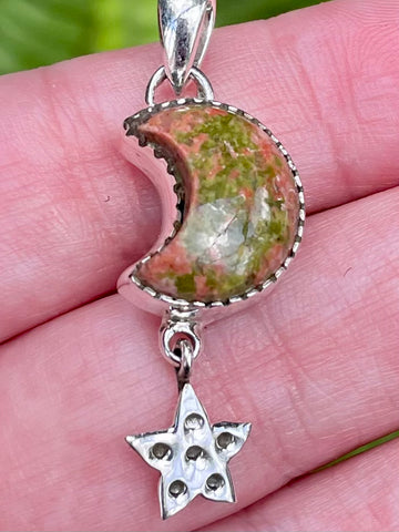 Unakite Crescent Moon and Star Pendant - Morganna’s Treasures 