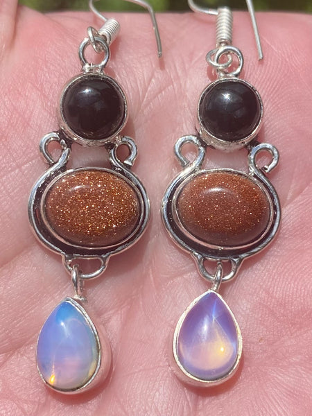 Black Onyx, Goldstone and Opalite Earrings - Morganna’s Treasures 