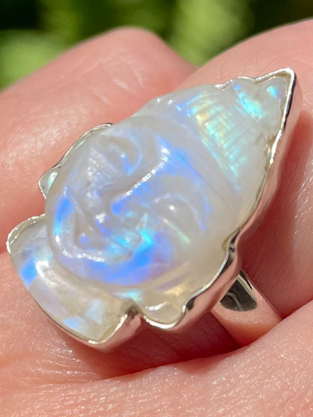 Hand Carved Rainbow Moonstone Buddha Ring Size 8 - Morganna’s Treasures 