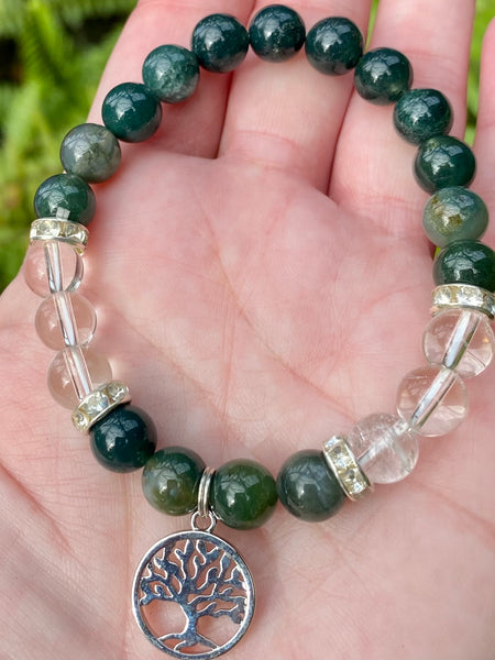 Moss Agate and Clear Quartz Tree of Life Bracelet - Morganna’s Treasures 