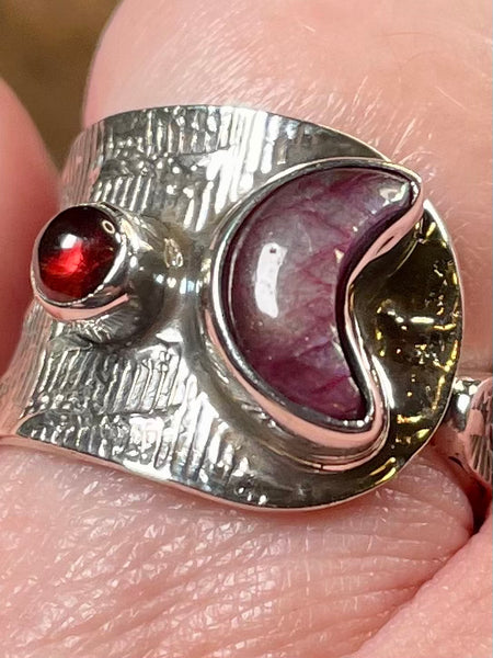 Red Flash Labradorite and Garnet Crescent Moon Ring Size 7 - Morganna’s Treasures 