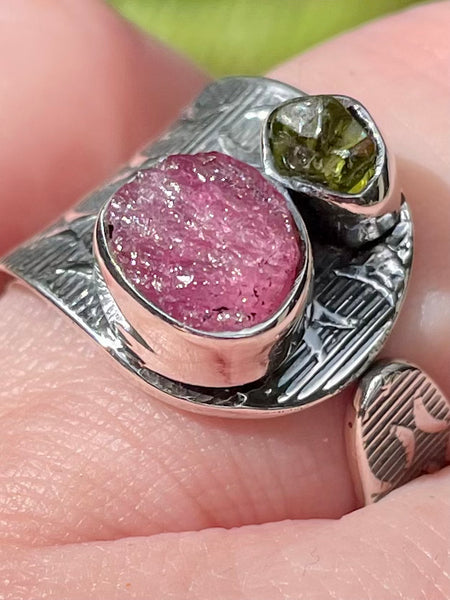 Rough Pink Tourmaline and Green Apatite Ring Size 8 Adjustable - Morganna’s Treasures 
