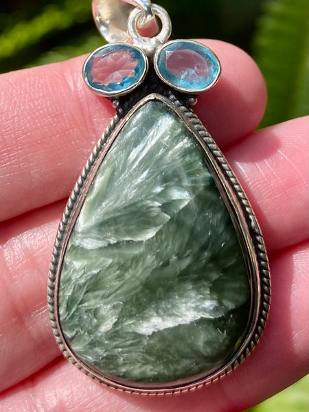 Green Seraphinite and Blue Topaz Pendant - Morganna’s Treasures 