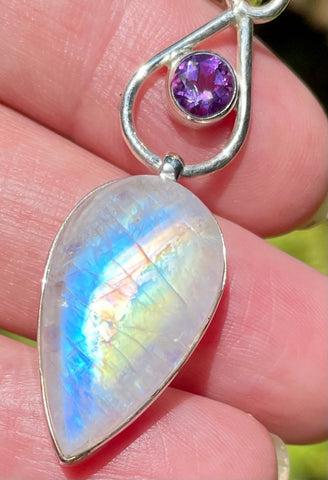 Gorgeous Rainbow Moonstone and Amethyst Pendant - Morganna’s Treasures 