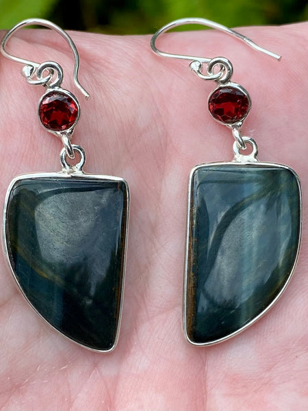 Blue Tigers Eye (Hawk’s Eye) and Garnet Earrings - Morganna’s Treasures 