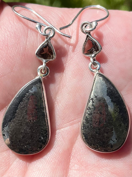 Pyrite in Magnetite (Healer's Gold) and Smoky Quartz Earrings - Morganna’s Treasures 