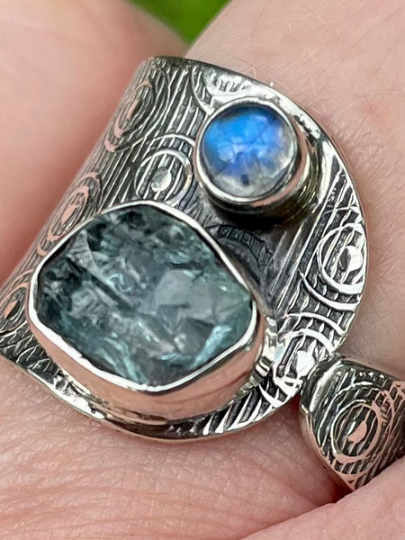 Rainbow Moonstone and Rough Aquamarine Ring Size 7.5 Adjustable - Morganna’s Treasures 