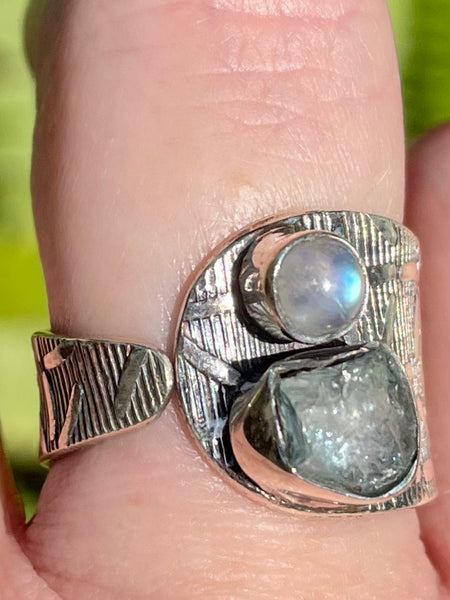 Rainbow Moonstone and Aquamarine Ring Size 8.5 Adjustable - Morganna’s Treasures 