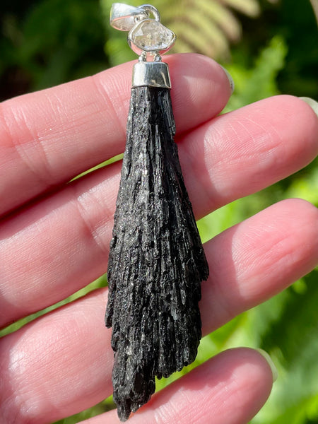 Rough Black Kyanite and Herkimer Diamond Pendant - Morganna’s Treasures 