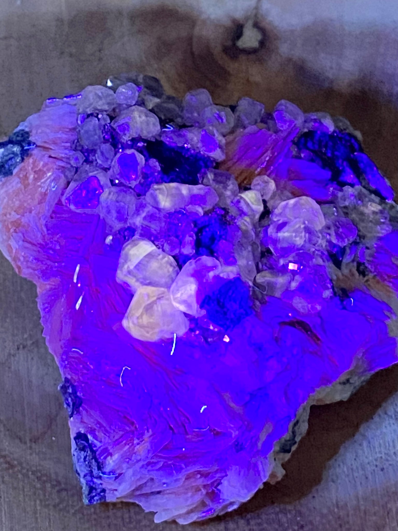 Fluorescent Cerussite on Barite with Galena Cluster - Morganna’s Treasures 