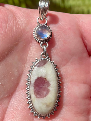 Pink Tourmaline in Quartz and Rainbow Moonstone Pendant - Morganna’s Treasures 