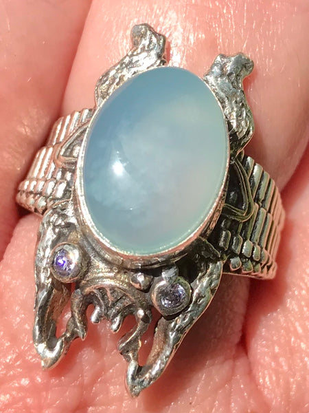 Aqua Chalcedony and White Topaz Frog Ring Size 8 - Morganna’s Treasures 