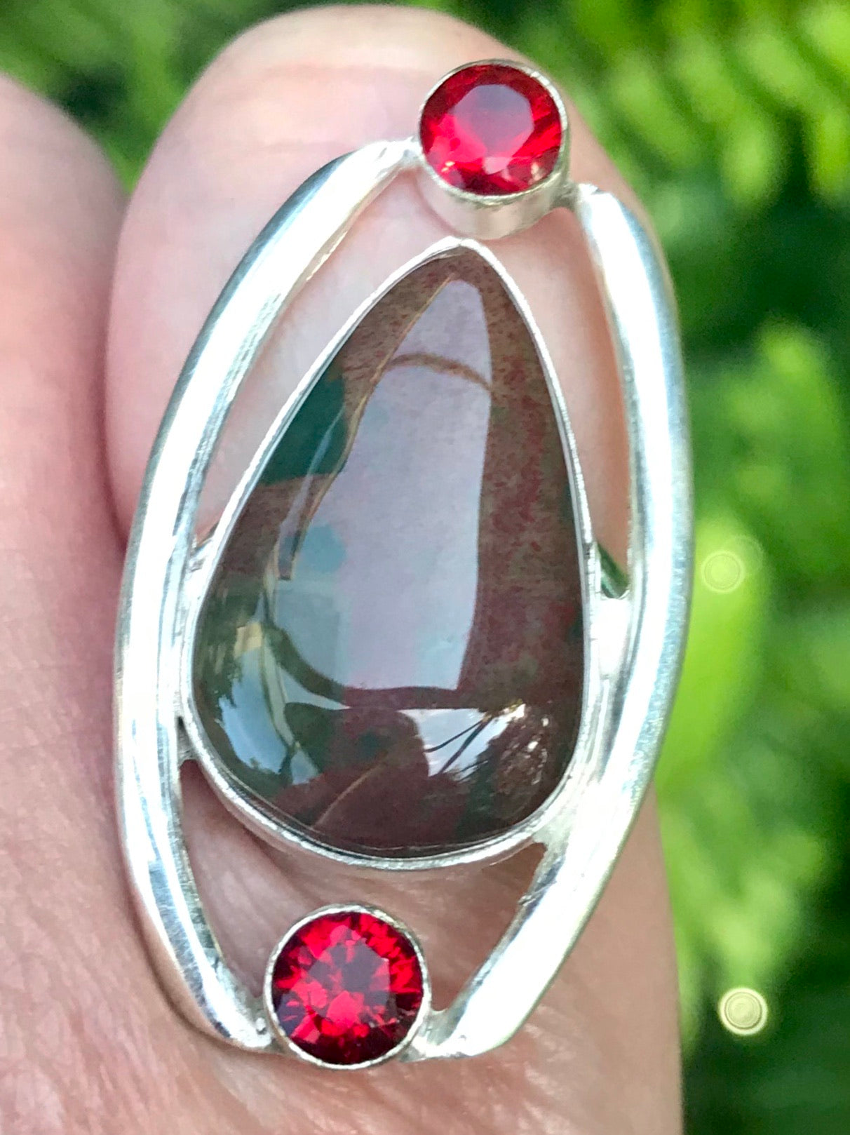 Bloodstone and Garnet Cocktail Ring Size 8 - Morganna’s Treasures 
