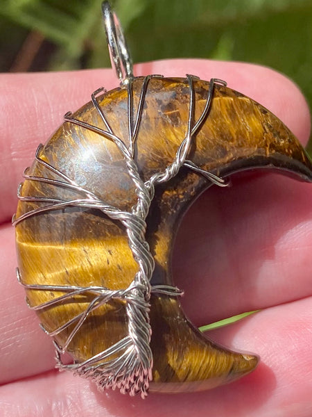 Wire-Wrapped Tigers Eye Crescent Moon Pendant - Morganna’s Treasures 