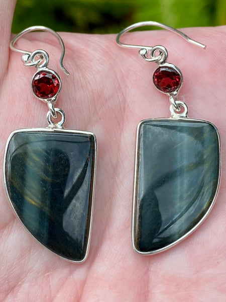 Blue Tigers Eye (Hawk’s Eye) and Garnet Earrings - Morganna’s Treasures 