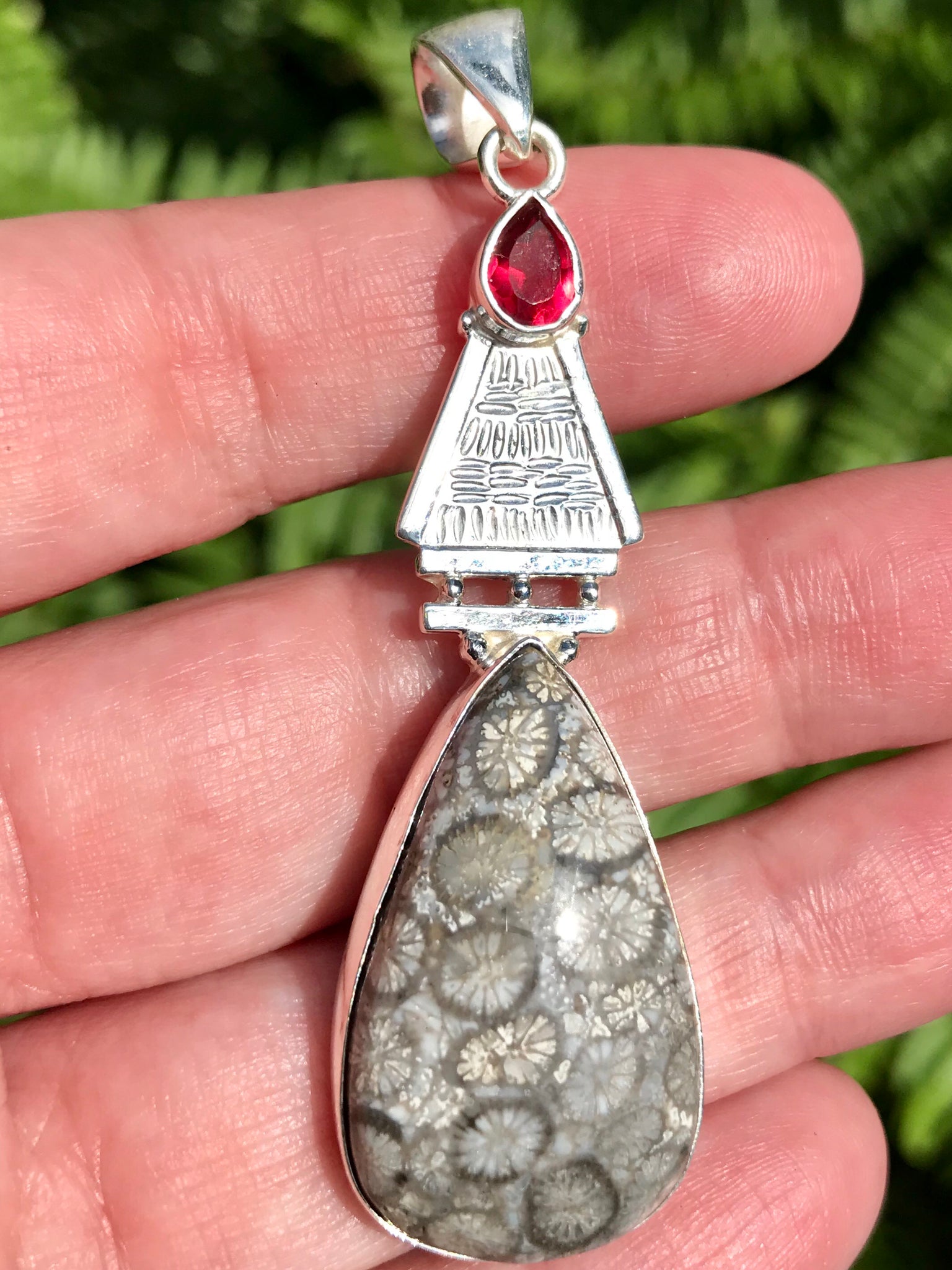 Fossil Coral and Pink Tourmaline Pendant - Morganna’s Treasures 