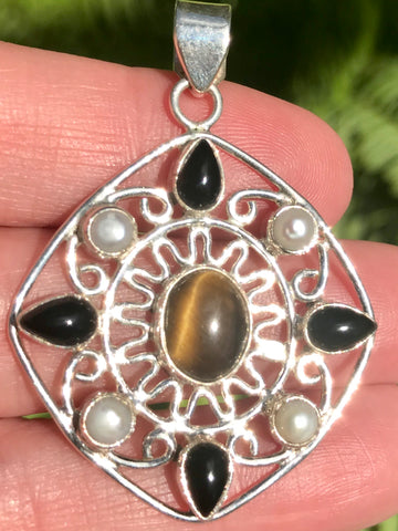 Pearl, Tigers Eye and Black Onyx Pendant - Morganna’s Treasures 