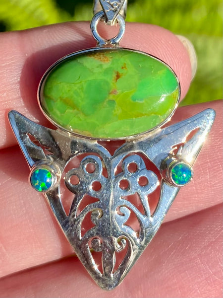 Green Mohave Turquoise and Fire Opal Pendant - Morganna’s Treasures 