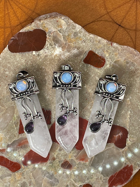 Rose Quartz, Opalite and Amethyst Pendant - Morganna’s Treasures 