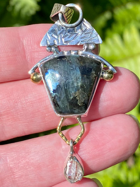 Larvikite (Black Moonstone) and Herkimer Diamond Pendant - Morganna’s Treasures 