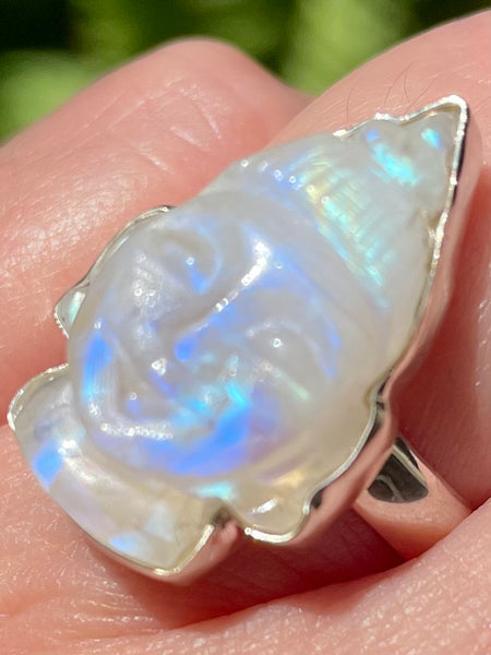 Hand Carved Rainbow Moonstone Buddha Ring Size 8 - Morganna’s Treasures 