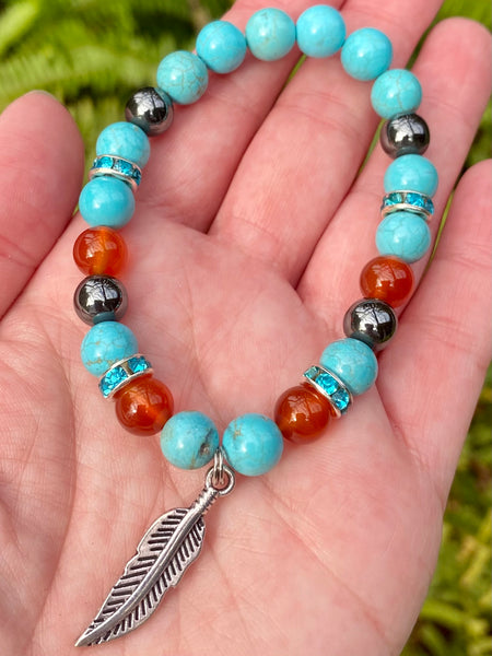 Blue Turquoise, Carnelian and Hematite Feather Bracelet - Morganna’s Treasures 