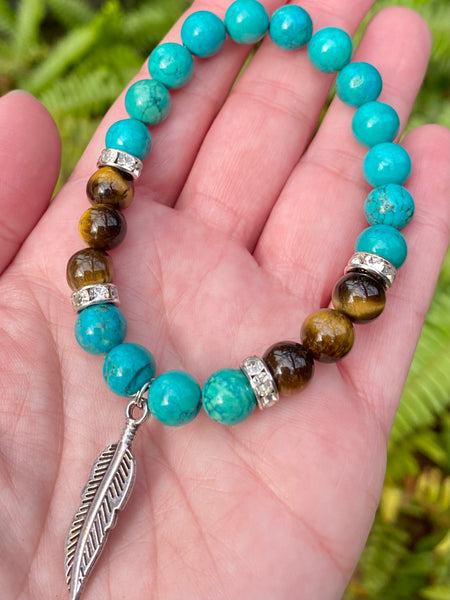 Blue Turquoise and Tigers Eye Feather Bracelet - Morganna’s Treasures 