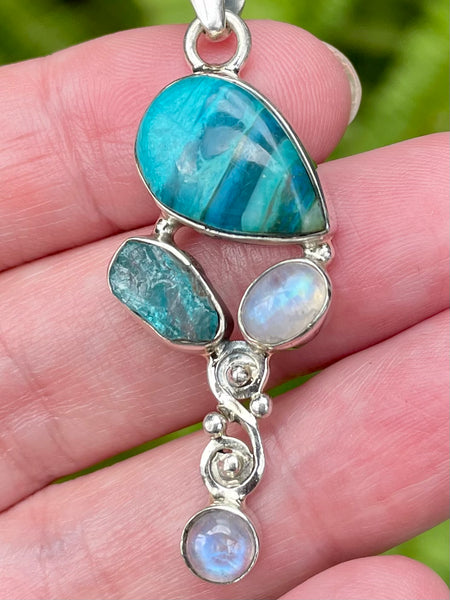 Peruvian Blue Opal, Rainbow Moonstone and Rough Aquamarine Pendant - Morganna’s Treasures 