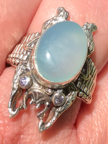 Aqua Chalcedony and White Topaz Frog Ring Size 8 - Morganna’s Treasures 