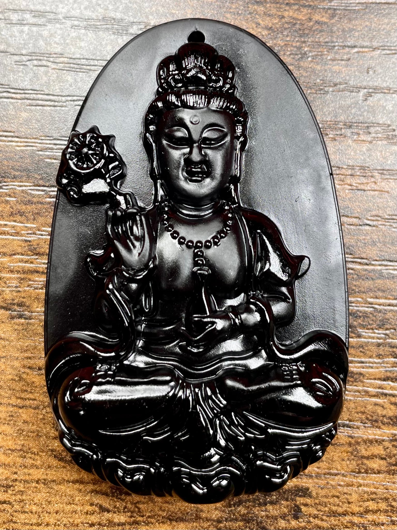 Carved Buddhist Black Obsidian Palm Stone/Pendant - Morganna’s Treasures 