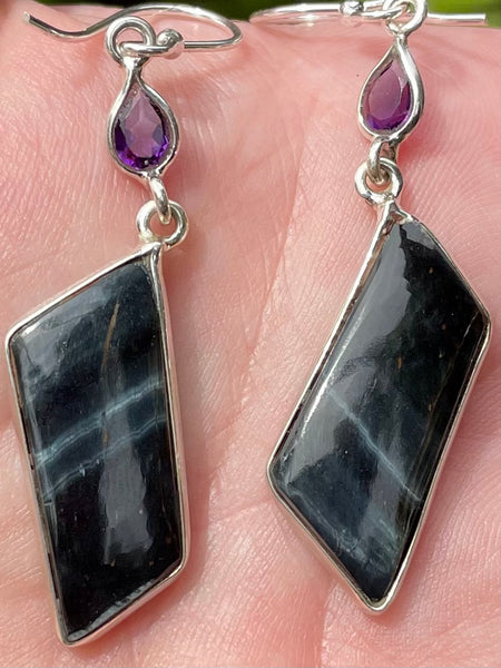 Blue Tigers Eye (Hawk’s Eye) and Amethyst Earrings - Morganna’s Treasures 