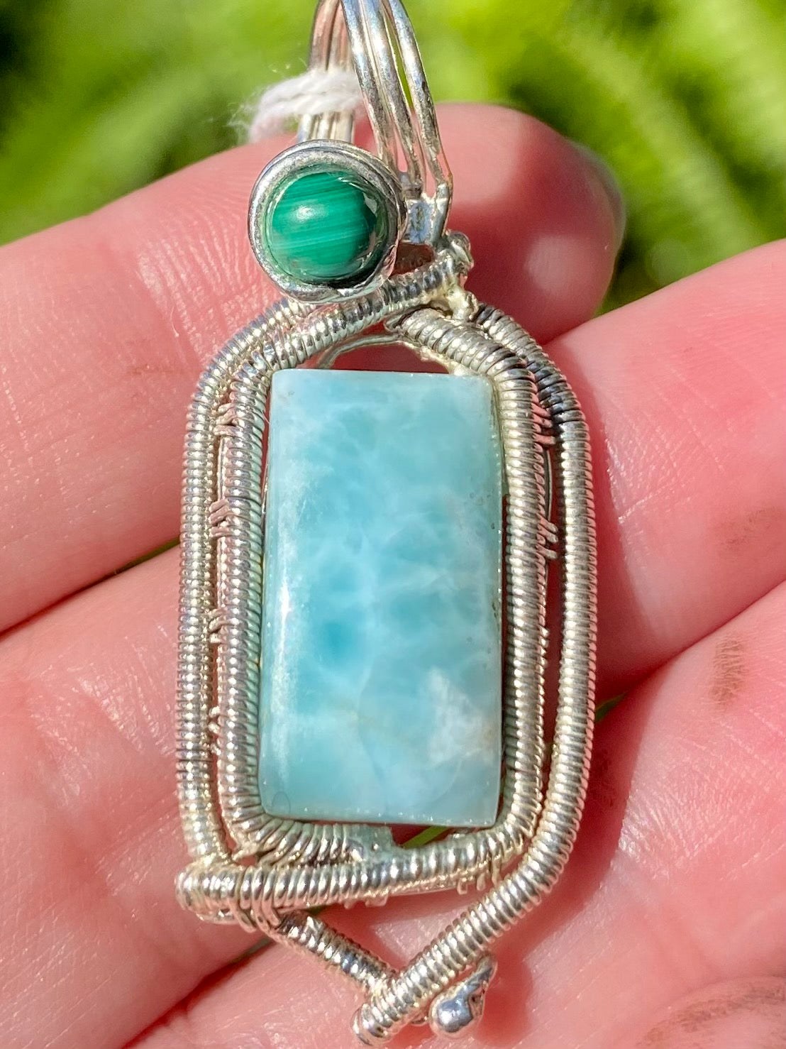 Wire Wrapped Larimar and Malachite necklace with on sale Malachite and Pearl Drop