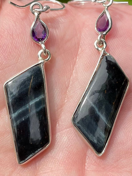 Blue Tigers Eye (Hawk’s Eye) and Amethyst Earrings - Morganna’s Treasures 