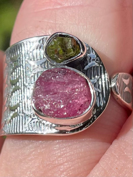 Rough Pink Tourmaline and Green Apatite Ring Size 8 Adjustable - Morganna’s Treasures 