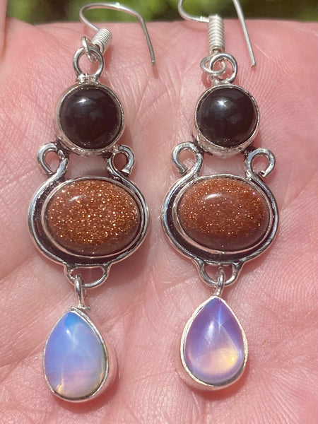 Black Onyx, Goldstone and Opalite Earrings - Morganna’s Treasures 