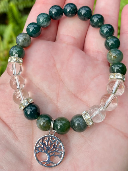 Moss Agate and Clear Quartz Tree of Life Bracelet - Morganna’s Treasures 