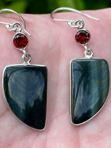 Blue Tigers Eye (Hawk’s Eye) and Garnet Earrings - Morganna’s Treasures 