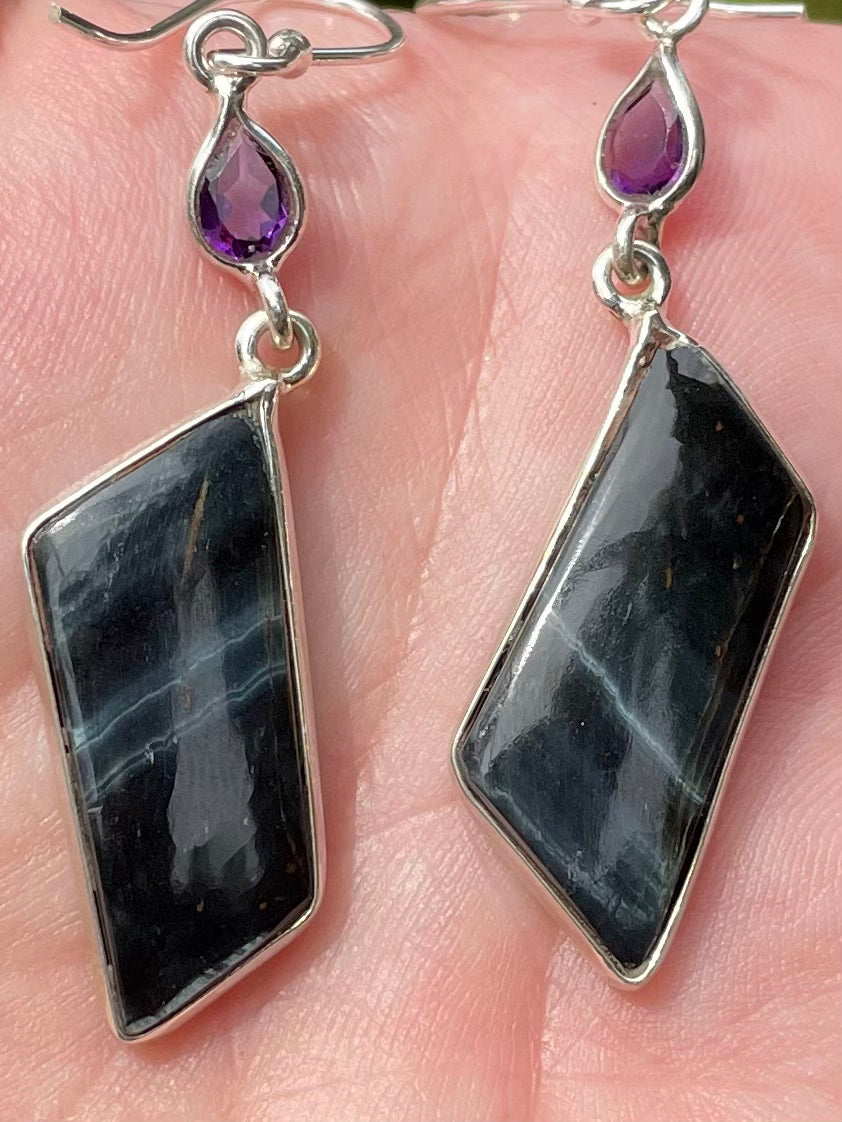 Blue Tigers Eye (Hawk’s Eye) and Amethyst Earrings - Morganna’s Treasures 