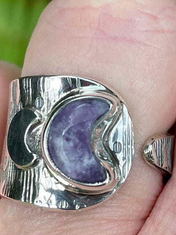 Lepidolite Crescent Moon Ring Size 8 Adjustable - Morganna’s Treasures 