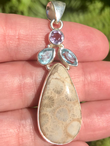 Fossil Coral, Amethyst and Blue Topaz Pendant - Morganna’s Treasures 