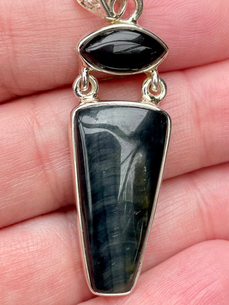 Blue Tigers Eye (Hawk’s Eye) and Black Onyx Pendant - Morganna’s Treasures 