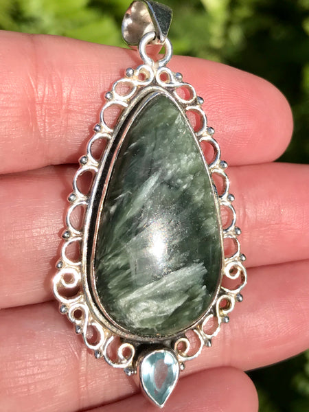 Green Seraphinite and Blue Topaz Pendant - Morganna’s Treasures 