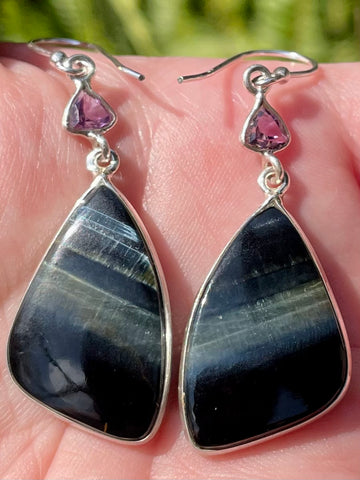 Blue Tigers Eye (Hawk’s Eye) and Amethyst Earrings - Morganna’s Treasures 