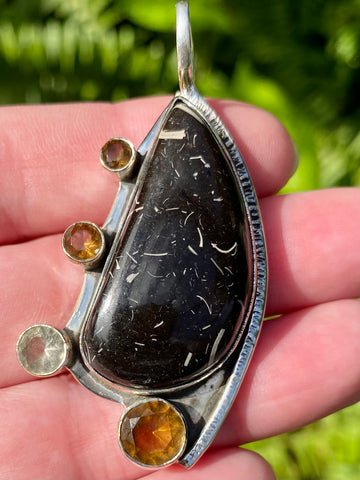 Turritella Agate, White Topaz and Smoky Quartz Pendant - Morganna’s Treasures 