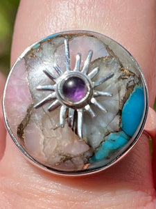 Pink Opal in Blue Copper Turquoise and Purple Amethyst Ring Size 8.5 - Morganna’s Treasures 