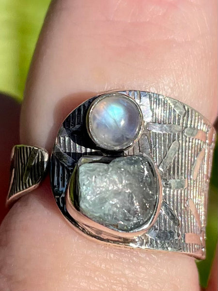 Rainbow Moonstone and Aquamarine Ring Size 8.5 Adjustable - Morganna’s Treasures 