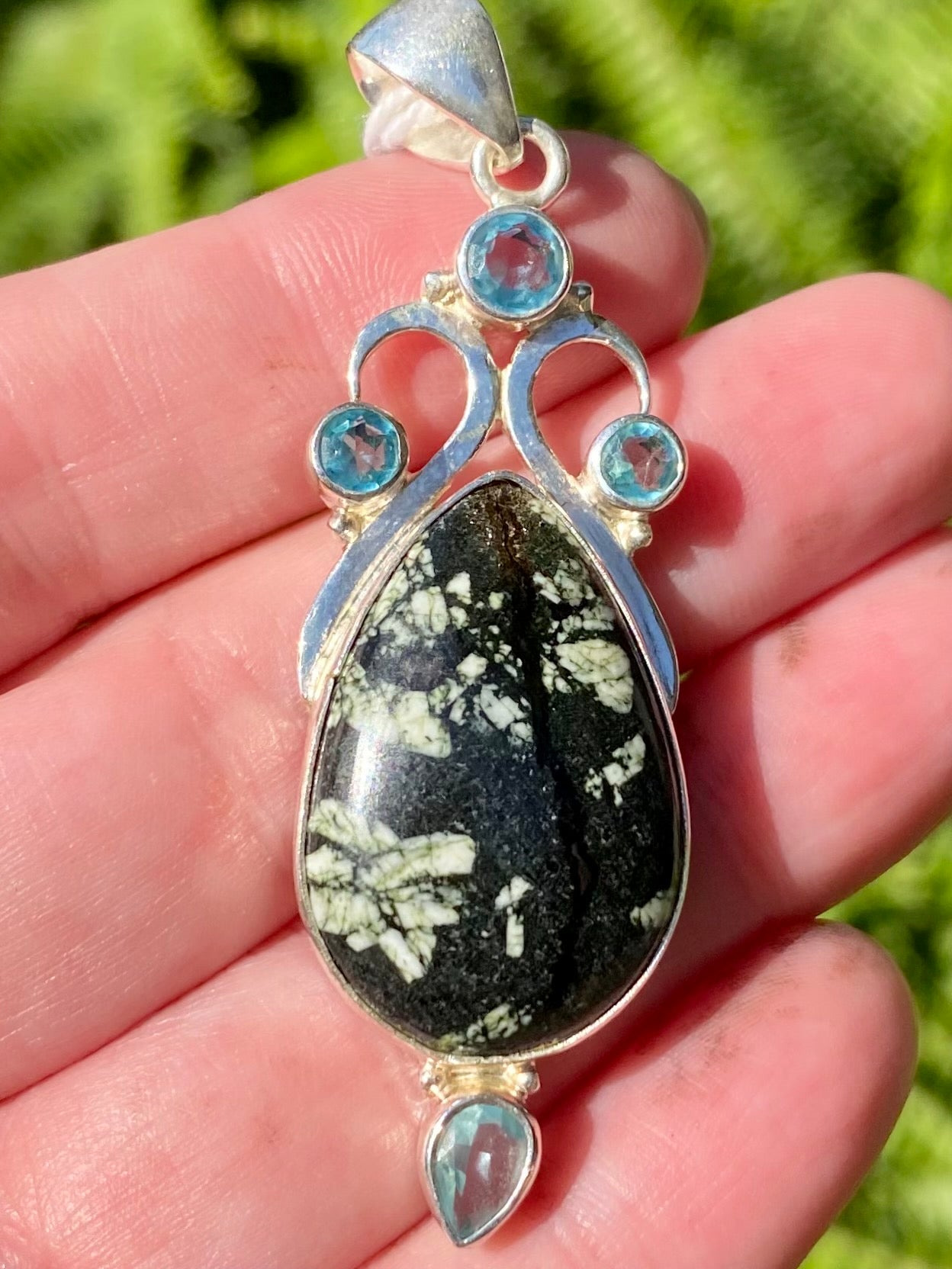 Chinese Writing Stone and Blue Topaz Pendant - Morganna’s Treasures 