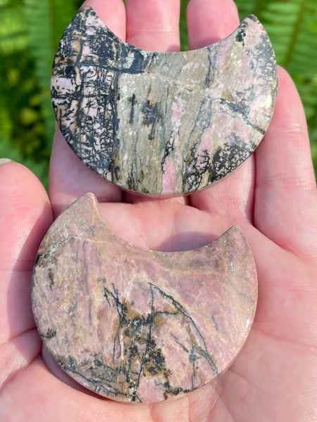 Rhodonite Crescent Moon Palm Stone - Morganna’s Treasures 